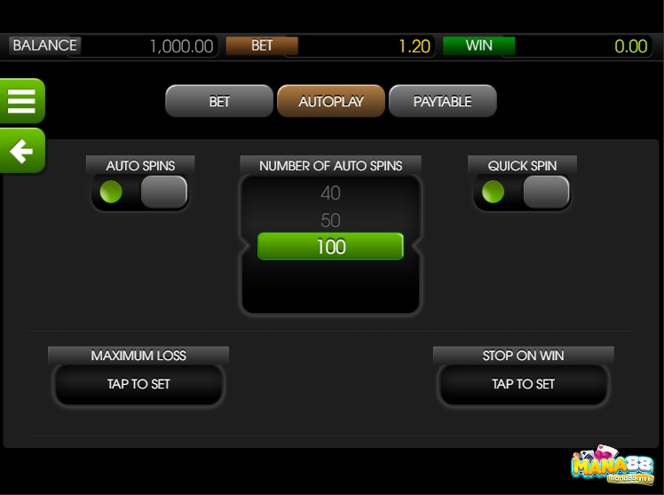 Tính năng Autospin cho phép người chơi chọn 100 vòng quay tự động