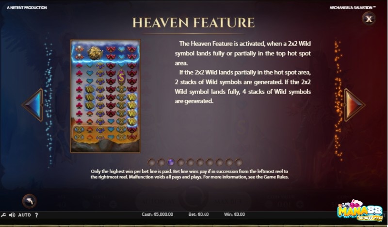 Heaven Feature được kích hoạt khi Wild 2x2 hạ cánh ở hàng đầu tiên điểm nóng