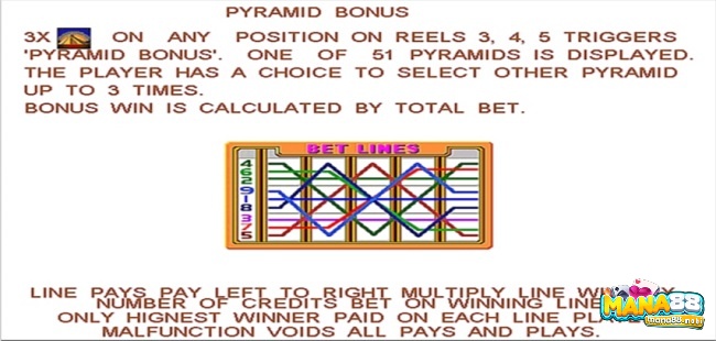 Kích hoạt tính năng thưởng Pyramid bằng 3 kim tự tháp trên cuộn số 3, 4 và 5