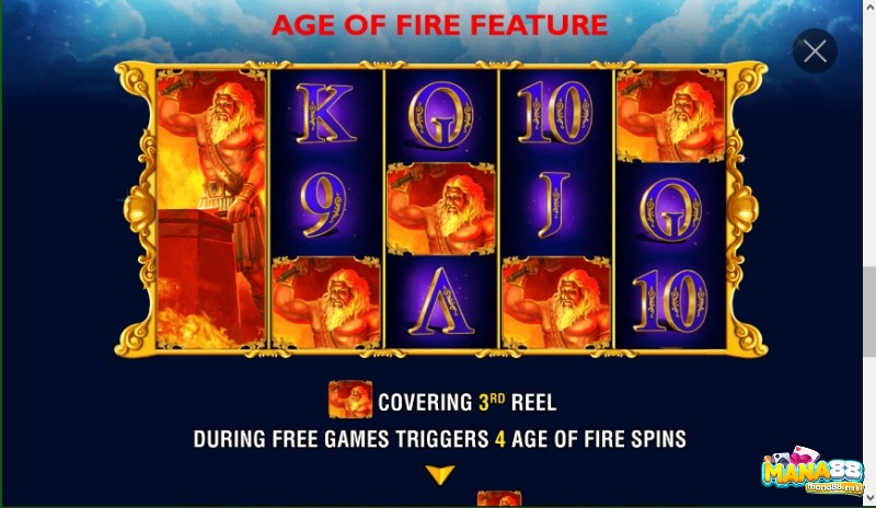 Hình ảnh thần Hephaestus bao phủ cuộn 3 kích hoạt Age of Fire Feature